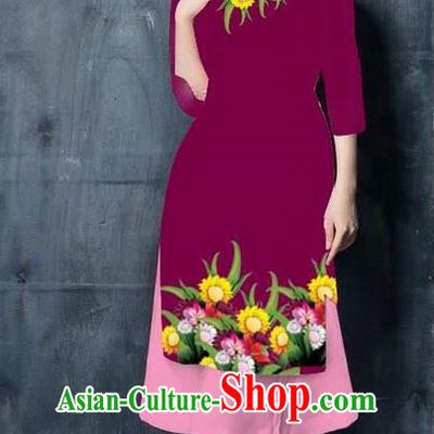 Top Grade Asian Vietnamese Costumes Classical Jing Nationality Short Cheongsam, Vietnam National Vietnamese Bride Traditional Princess Wine Red Ao Dai Dress
