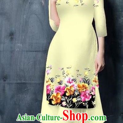 Top Grade Asian Vietnamese Costumes Classical Jing Nationality Short Printing Flowers Cheongsam, Vietnam National Vietnamese Bride Traditional Princess Light Yellow Ao Dai Dress