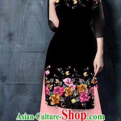 Top Grade Asian Vietnamese Costumes Classical Jing Nationality Short Printing Flowers Cheongsam, Vietnam National Vietnamese Bride Traditional Princess Black Ao Dai Dress