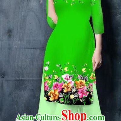 Top Grade Asian Vietnamese Costumes Classical Jing Nationality Short Printing Flowers Cheongsam, Vietnam National Vietnamese Bride Traditional Princess Green Ao Dai Dress