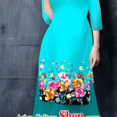 Top Grade Asian Vietnamese Costumes Classical Jing Nationality Short Printing Flowers Cheongsam, Vietnam National Vietnamese Bride Traditional Princess Blue Ao Dai Dress