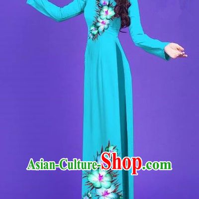 Top Grade Asian Vietnamese Costumes Classical Jing Nationality Long Printing Flowers Cheongsam, Vietnam National Vietnamese Bride Traditional Princess Sky Blue Ao Dai Dress