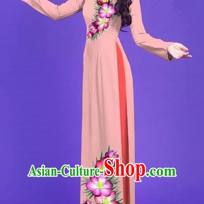 Top Grade Asian Vietnamese Costumes Classical Jing Nationality Long Printing Flowers Cheongsam, Vietnam National Vietnamese Bride Traditional Princess Pink Ao Dai Dress