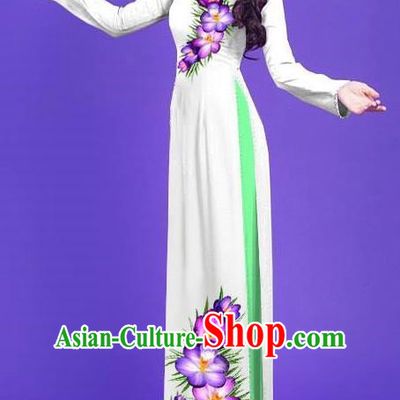 Top Grade Asian Vietnamese Costumes Classical Jing Nationality Long Printing Flowers Cheongsam, Vietnam National Vietnamese Bride Traditional Princess White Ao Dai Dress