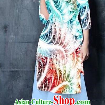 Top Grade Asian Vietnamese Costumes Classical Jing Nationality Printing Short Cheongsam, Vietnam National Vietnamese Bride Traditional Princess Light Blue Ao Dai Dress