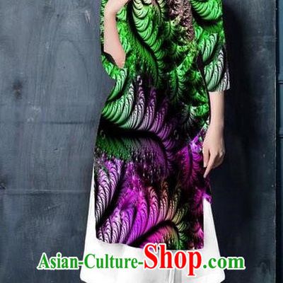 Top Grade Asian Vietnamese Costumes Classical Jing Nationality Printing Short Cheongsam, Vietnam National Vietnamese Bride Traditional Princess Green Ao Dai Dress