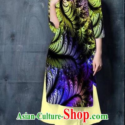Top Grade Asian Vietnamese Costumes Classical Jing Nationality Printing Short Cheongsam, Vietnam National Vietnamese Bride Traditional Princess Olive Green Ao Dai Dress