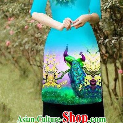 Top Grade Asian Vietnamese Costumes Classical Jing Nationality Peacock Pattern Short Cheongsam, Vietnam National Clothing Bride Traditional Blue Ao Dai Dress