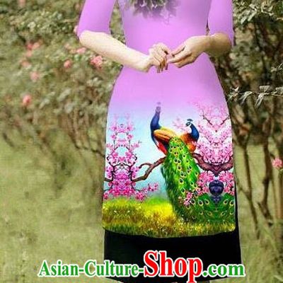 Top Grade Asian Vietnamese Costumes Classical Jing Nationality Peacock Pattern Short Cheongsam, Vietnam National Clothing Bride Traditional Pink Ao Dai Dress