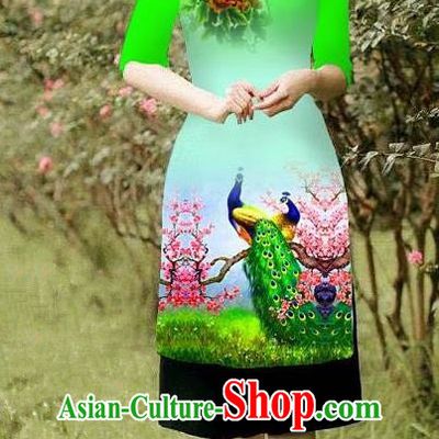Top Grade Asian Vietnamese Costumes Classical Jing Nationality Peacock Pattern Short Cheongsam, Vietnam National Clothing Bride Traditional Green Ao Dai Dress
