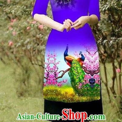 Top Grade Asian Vietnamese Costumes Classical Jing Nationality Peacock Pattern Short Cheongsam, Vietnam National Clothing Bride Traditional Purple Ao Dai Dress