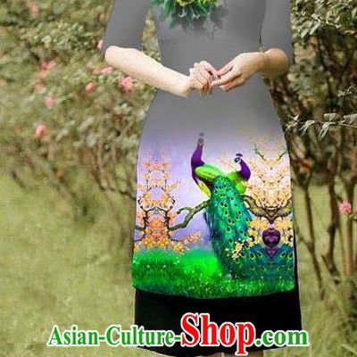 Top Grade Asian Vietnamese Costumes Classical Jing Nationality Peacock Pattern Short Cheongsam, Vietnam National Clothing Bride Traditional Grey Ao Dai Dress