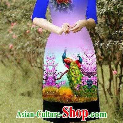 Top Grade Asian Vietnamese Costumes Classical Jing Nationality Peacock Pattern Short Cheongsam, Vietnam National Clothing Bride Traditional Royalblue Ao Dai Dress