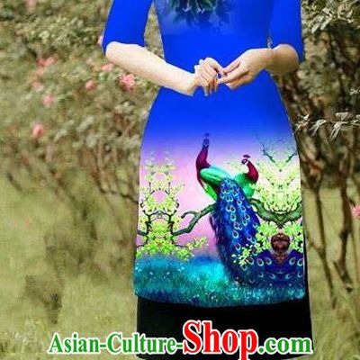 Top Grade Asian Vietnamese Costumes Classical Jing Nationality Peacock Pattern Short Cheongsam, Vietnam National Clothing Bride Traditional Royalblue Ao Dai Dress