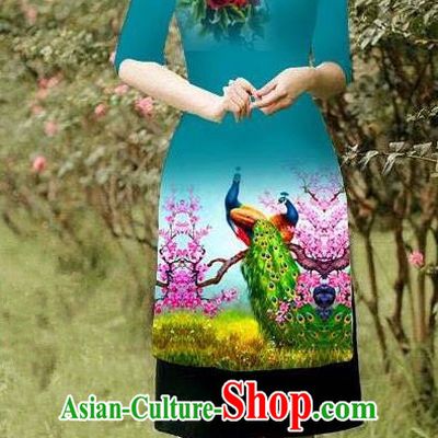 Top Grade Asian Vietnamese Costumes Classical Jing Nationality Peacock Pattern Short Cheongsam, Vietnam National Clothing Bride Traditional Peacock Green Ao Dai Dress