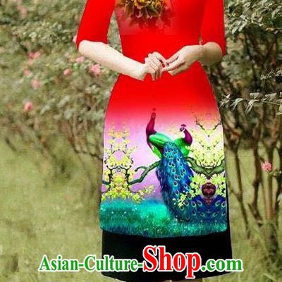 Top Grade Asian Vietnamese Costumes Classical Jing Nationality Peacock Pattern Short Cheongsam, Vietnam National Clothing Bride Traditional Red Ao Dai Dress