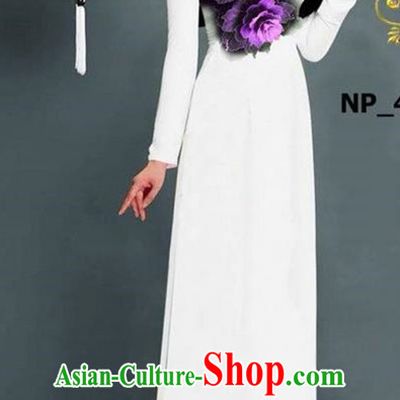 Top Grade Asian Vietnamese Costumes Classical Jing Nationality Printing Long Cheongsam, Vietnam National Clothing Bride Traditional White Ao Dai Dress