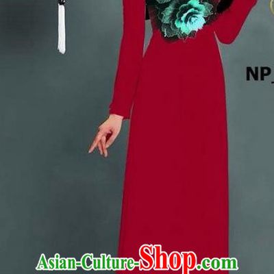 Top Grade Asian Vietnamese Costumes Classical Jing Nationality Printing Long Cheongsam, Vietnam National Clothing Bride Traditional Wine Red Ao Dai Dress