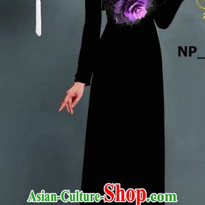 Top Grade Asian Vietnamese Costumes Classical Jing Nationality Printing Long Cheongsam, Vietnam National Clothing Bride Traditional Black Ao Dai Dress