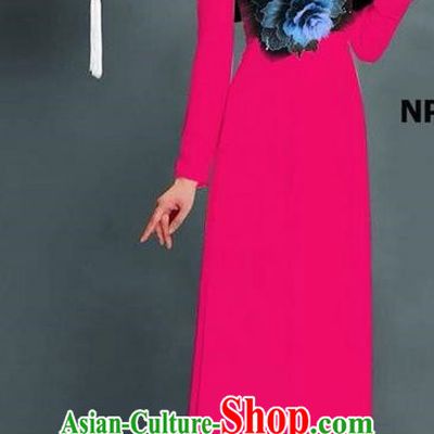 Top Grade Asian Vietnamese Costumes Classical Jing Nationality Printing Long Cheongsam, Vietnam National Clothing Bride Traditional Rosy Ao Dai Dress