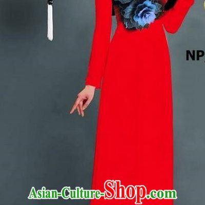 Top Grade Asian Vietnamese Costumes Classical Jing Nationality Printing Long Cheongsam, Vietnam National Clothing Bride Traditional Red Ao Dai Dress