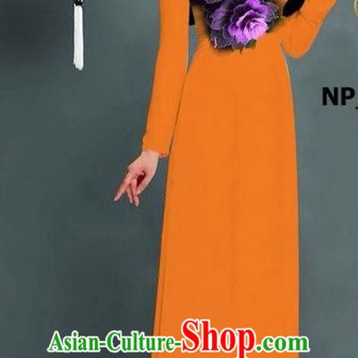 Top Grade Asian Vietnamese Costumes Classical Jing Nationality Printing Long Cheongsam, Vietnam National Clothing Bride Traditional Orange Ao Dai Dress