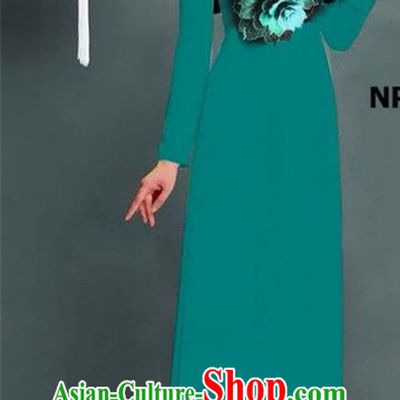 Top Grade Asian Vietnamese Costumes Classical Jing Nationality Printing Long Cheongsam, Vietnam National Clothing Bride Traditional Peacock Green Ao Dai Dress