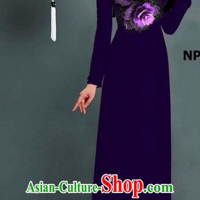 Top Grade Asian Vietnamese Costumes Classical Jing Nationality Printing Long Cheongsam, Vietnam National Clothing Bride Traditional Deep Purple Ao Dai Dress