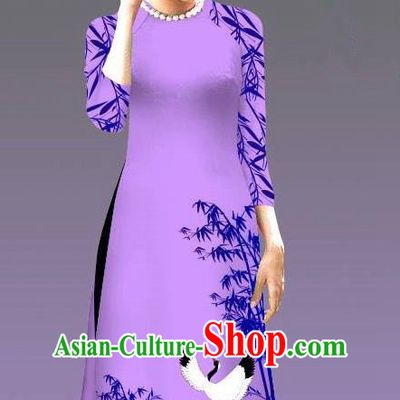 Top Grade Asian Vietnamese Costumes Classical Jing Nationality Crane Pattern Short Cheongsam, Vietnam National Clothing Bride Traditional Lilac Ao Dai Dress