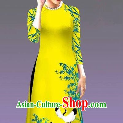 Top Grade Asian Vietnamese Costumes Classical Jing Nationality Crane Pattern Short Cheongsam, Vietnam National Clothing Bride Traditional Yellow Ao Dai Dress