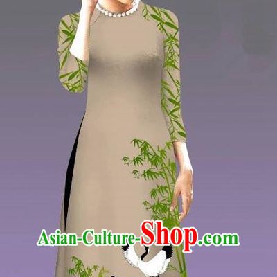 Top Grade Asian Vietnamese Costumes Classical Jing Nationality Crane Pattern Short Cheongsam, Vietnam National Clothing Bride Traditional Grey Ao Dai Dress