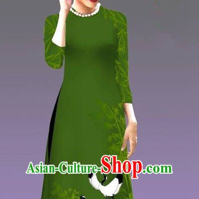 Top Grade Asian Vietnamese Costumes Classical Jing Nationality Crane Pattern Short Cheongsam, Vietnam National Clothing Bride Traditional Olive Green Ao Dai Dress