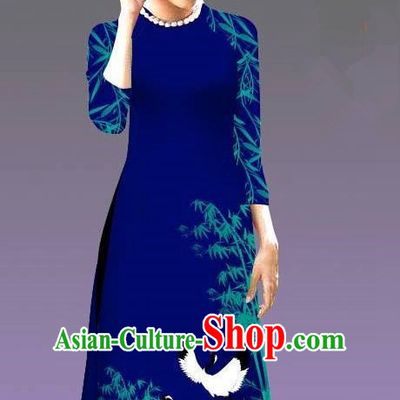 Top Grade Asian Vietnamese Costumes Classical Jing Nationality Crane Pattern Short Cheongsam, Vietnam National Clothing Bride Traditional Royalblue Ao Dai Dress
