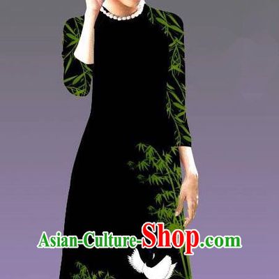 Top Grade Asian Vietnamese Costumes Classical Jing Nationality Crane Pattern Short Cheongsam, Vietnam National Clothing Bride Traditional Black Ao Dai Dress