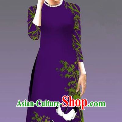Top Grade Asian Vietnamese Costumes Classical Jing Nationality Crane Pattern Short Cheongsam, Vietnam National Clothing Bride Traditional Deep Purple Ao Dai Dress