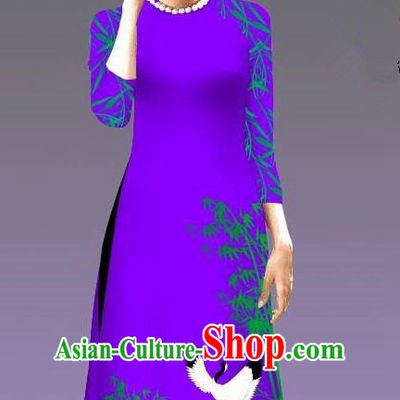 Top Grade Asian Vietnamese Costumes Classical Jing Nationality Crane Pattern Short Cheongsam, Vietnam National Clothing Bride Traditional Purple Ao Dai Dress
