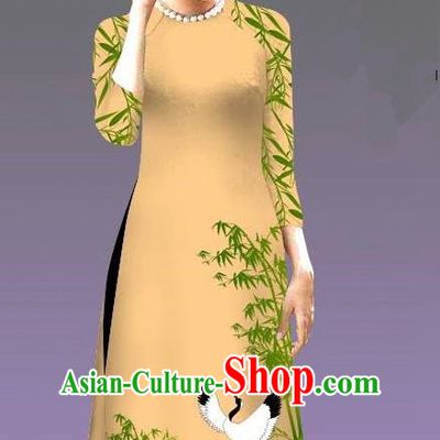 Top Grade Asian Vietnamese Costumes Classical Jing Nationality Crane Pattern Short Cheongsam, Vietnam National Clothing Bride Traditional Light Yellow Ao Dai Dress