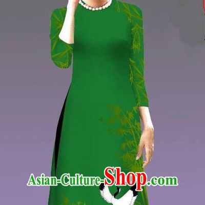 Top Grade Asian Vietnamese Costumes Classical Jing Nationality Crane Pattern Short Cheongsam, Vietnam National Clothing Bride Traditional Green Ao Dai Dress