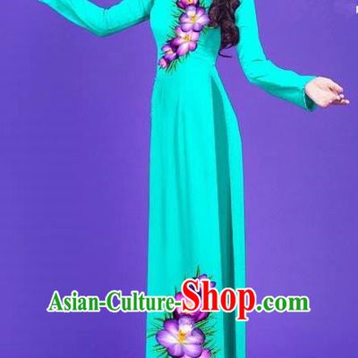 Top Grade Asian Vietnamese Costumes Classical Jing Nationality Long Printing Flowers Cheongsam, Vietnam National Vietnamese Bride Traditional Princess Blue Ao Dai Dress
