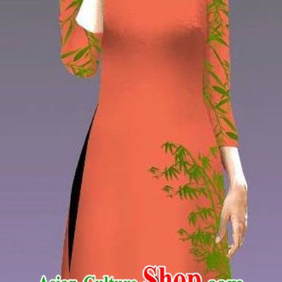 Top Grade Asian Vietnamese Costumes Classical Jing Nationality Crane Pattern Short Cheongsam, Vietnam National Clothing Bride Traditional Orange Ao Dai Dress