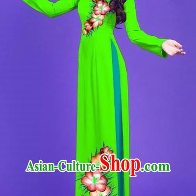 Top Grade Asian Vietnamese Costumes Classical Jing Nationality Long Printing Flowers Cheongsam, Vietnam National Vietnamese Bride Traditional Princess Green Ao Dai Dress