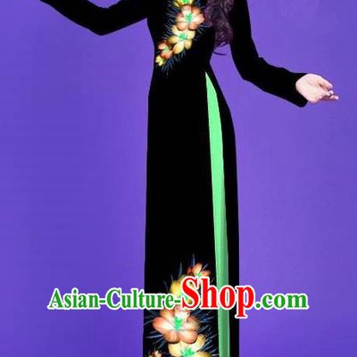 Top Grade Asian Vietnamese Costumes Classical Jing Nationality Long Printing Flowers Cheongsam, Vietnam National Vietnamese Bride Traditional Princess Black Ao Dai Dress