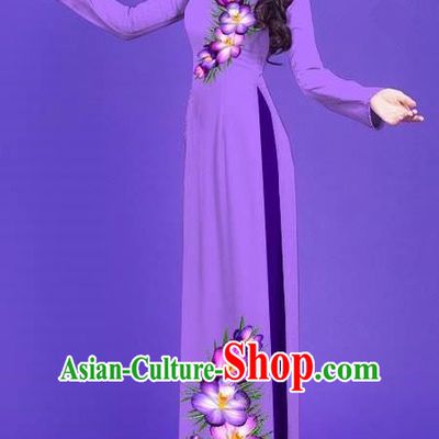 Top Grade Asian Vietnamese Costumes Classical Jing Nationality Long Printing Flowers Cheongsam, Vietnam National Vietnamese Bride Traditional Princess Purple Ao Dai Dress