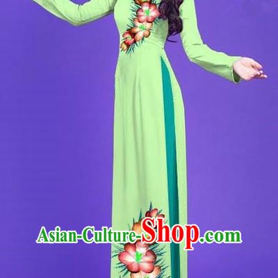 Top Grade Asian Vietnamese Costumes Classical Jing Nationality Long Printing Flowers Cheongsam, Vietnam National Vietnamese Bride Traditional Princess Light Green Ao Dai Dress