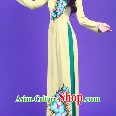 Top Grade Asian Vietnamese Costumes Classical Jing Nationality Long Printing Flowers Cheongsam, Vietnam National Vietnamese Bride Traditional Princess Light Yellow Ao Dai Dress