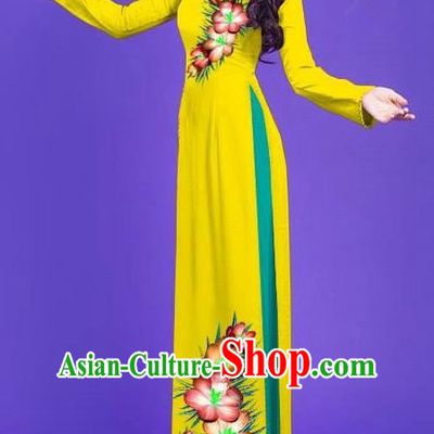 Top Grade Asian Vietnamese Costumes Classical Jing Nationality Long Printing Flowers Cheongsam, Vietnam National Vietnamese Bride Traditional Princess Yellow Ao Dai Dress