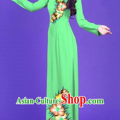 Top Grade Asian Vietnamese Costumes Classical Jing Nationality Long Printing Flowers Cheongsam, Vietnam National Vietnamese Bride Traditional Princess Grass Green Ao Dai Dress
