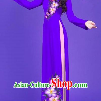 Top Grade Asian Vietnamese Costumes Classical Jing Nationality Long Printing Flowers Cheongsam, Vietnam National Vietnamese Bride Traditional Princess Deep Purple Ao Dai Dress