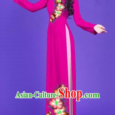 Top Grade Asian Vietnamese Costumes Classical Jing Nationality Long Printing Flowers Cheongsam, Vietnam National Vietnamese Bride Traditional Princess Rosy Ao Dai Dress