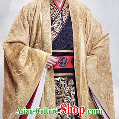 Traditional Chinese Ancient Warring States Time Imperial Majesty Costume, Song of Phoenix Palace Emperor King Hanfu Clothing and Handmade Headpiece Complete Set for Men